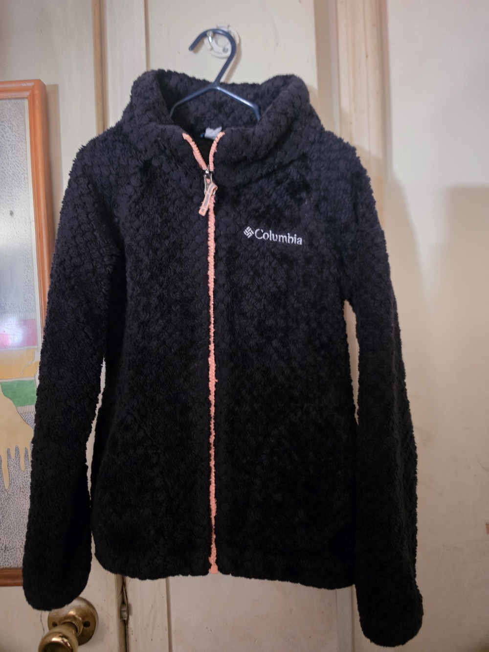 Columbia Black Fuzzy Zip Jacket with Pink Trim